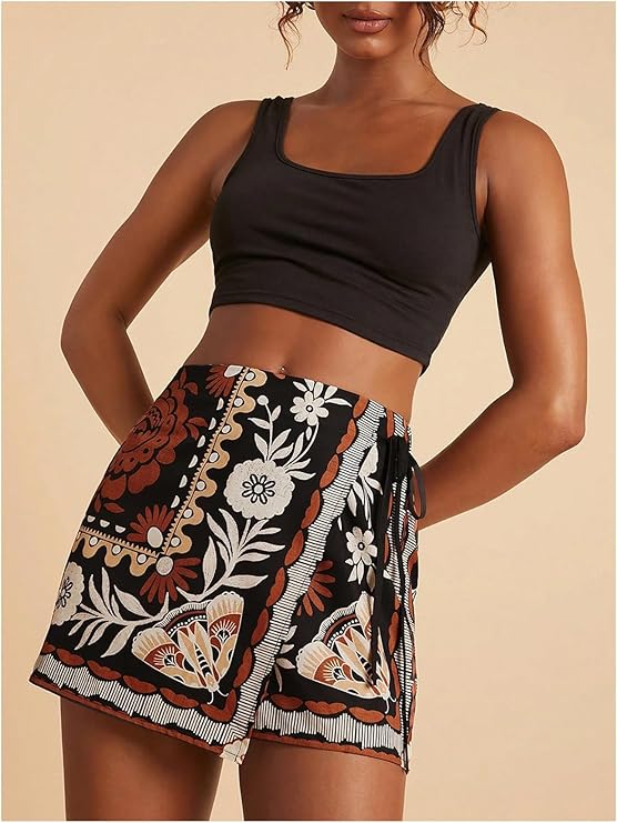 SweatyRocks Women's Boho Mini Skirts Floral Shorts Tie Side Wrap Elastic Waist Summer Skorts Beach Vacation Outfits
