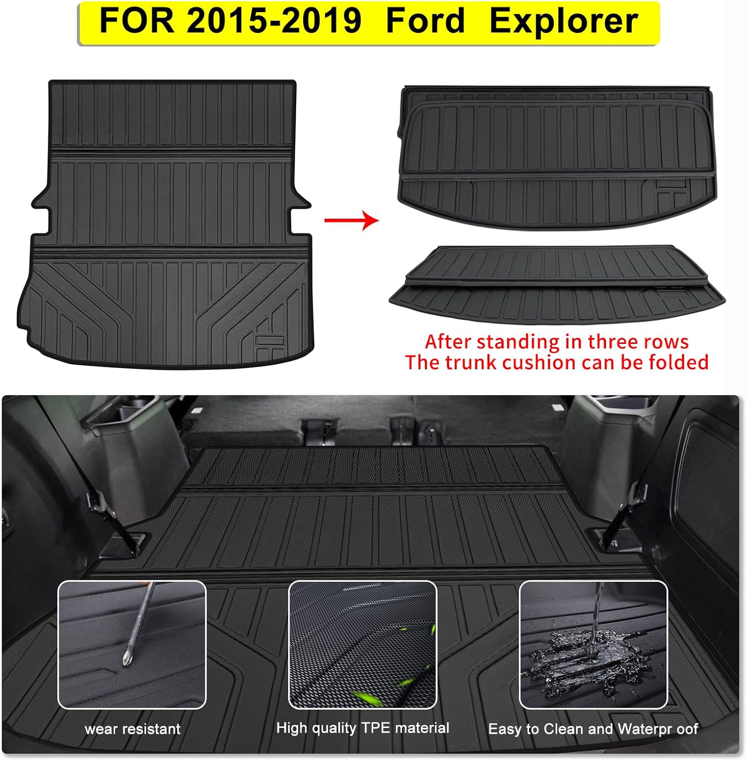 Floor Mats & Large Trunk Mat for 2015 2016 2017 2018 2019 Ford Explorer, TPE All Weather Protection Car Floor Liners with Cargo Liners & Backrest Mat Accessories - Image 2