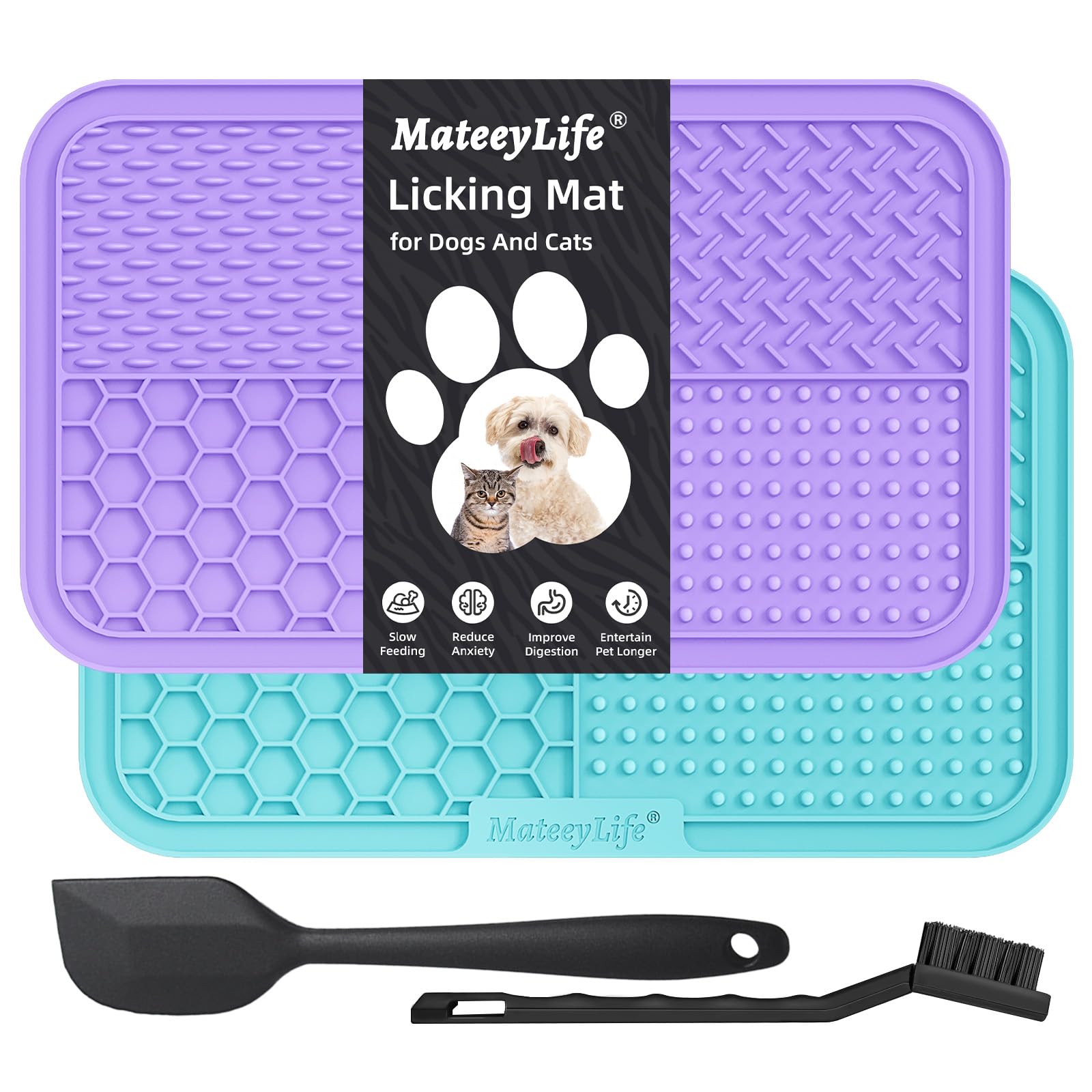 MateeyLife 2PCS Large Lick Mat for Dogs with Suction Cups, Slow Feeder Bowls, Cat Lick Mat for Anxiety Relief, Dog Toys to Keep Them Busy, Enrichment Toys for Bathing, Cat Licking Pad for Boredom