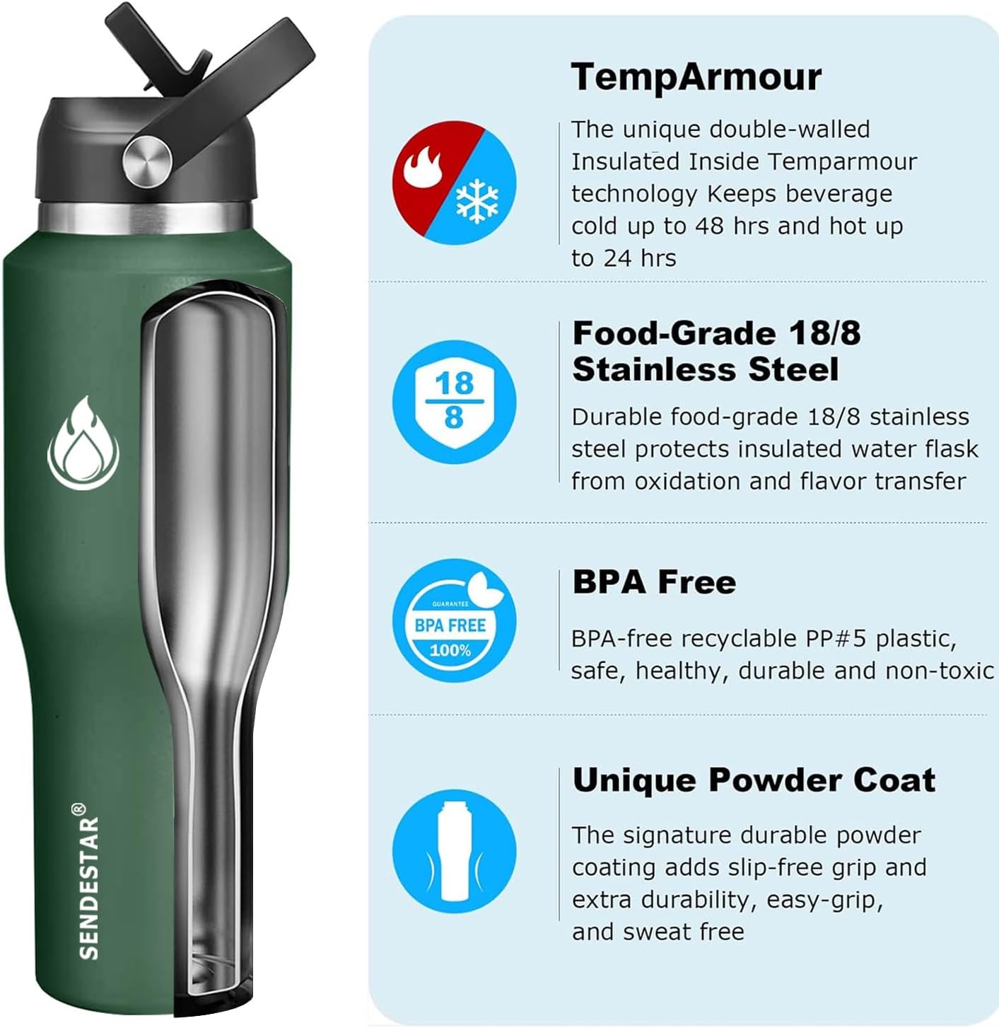 SENDESTAR Water Bottle,Wide Mouth Stainless Steel Vacuum Insulated Double Wall Keep Liquids Cold or Hot All Day,Sweat Proof Sport Design,Fit Car Cup Holder,Dark Green,40 Ounces - Image 2