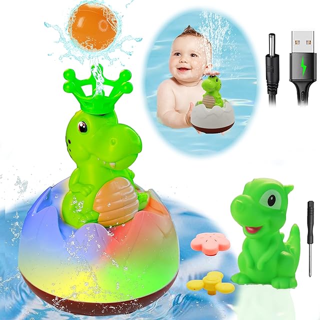 KINSI Baby Bath Toys, Dinosaur Egg Rechargeable Water Spray Light up Bathly Sprinkler, Kids Led Bath Tub Toy Charger 3 Spray Styles Fly Ball, Bathtub Toy with Rubber Dinosaur Bathtime Gift Christmas