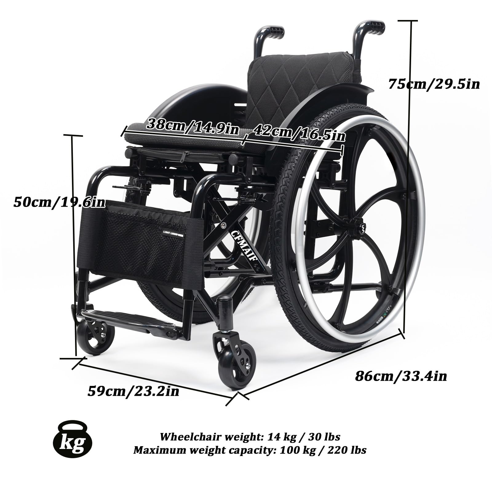 Silla de ruedas manual, Plegable, ultraligera, Aluminio, Autopropulsable,para minusválidos,Reposapiés abatibles,Frenos de mano(Daily,38cm/14.9in Seat)