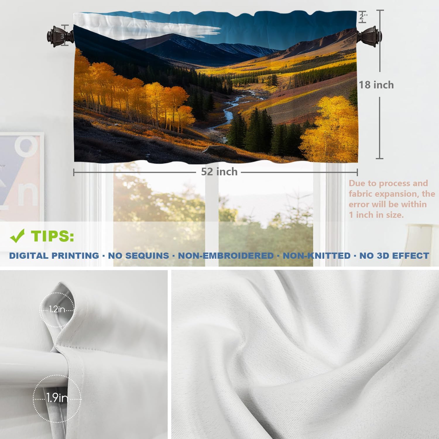 Shrahala Fall Hills Landscape Kitchen Valances, Autumn in Independence Pass Half Window Curtain Window Treatment Multilayer Polyester Blackout for Living Room Bathroom 52 x 18 in