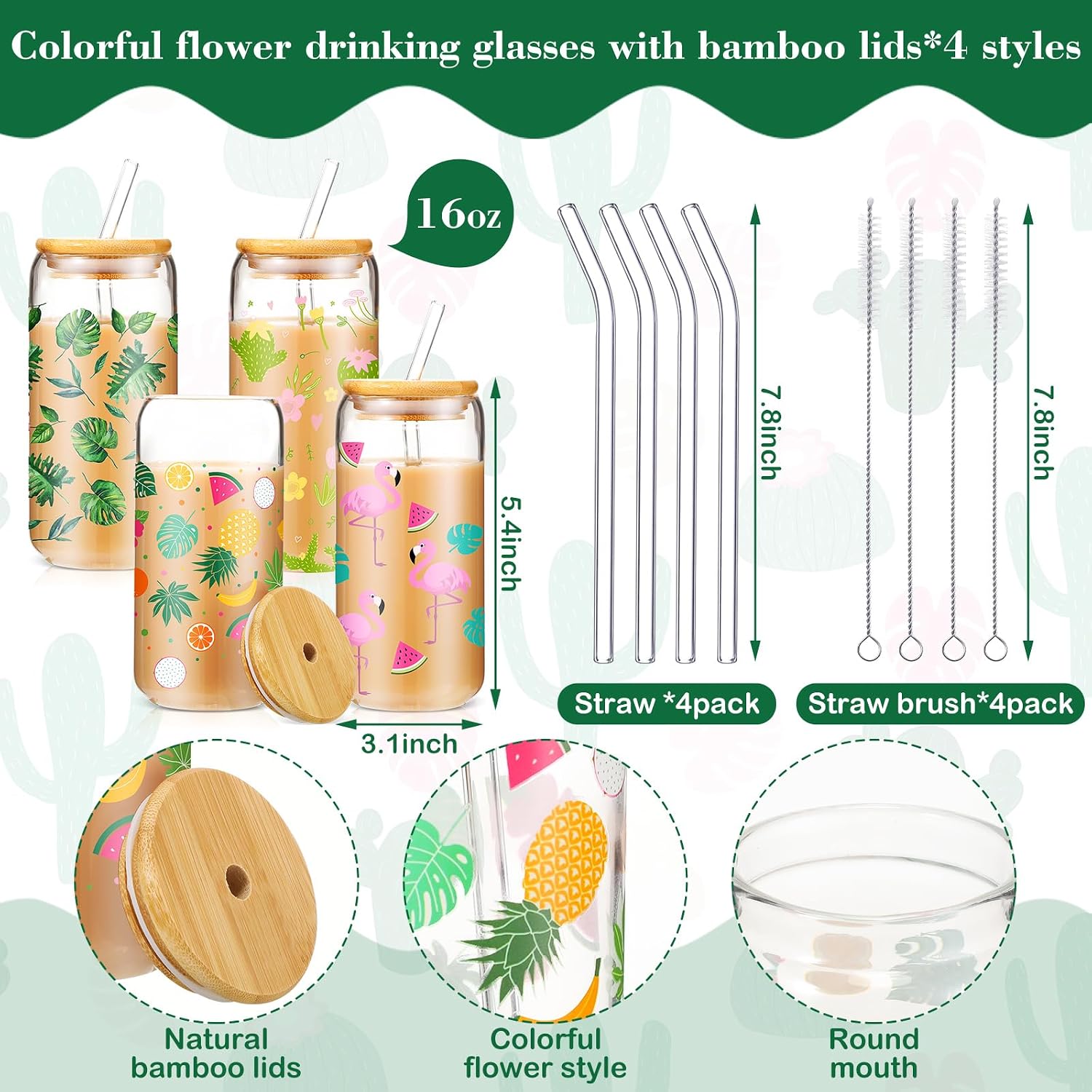 Cunhill 4 Pcs Hawaii Iced Coffee Cup with Bamboo Lid and Straw 16oz Glasses Beer Can Cup Employee Appreciation Gifts for Women Teacher Employee Coworker Birthday image 2