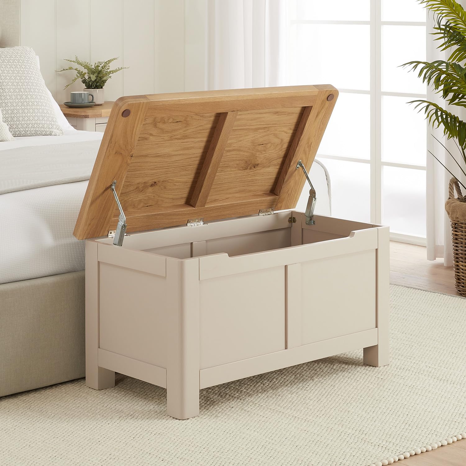 The Furniture Market Marbury Putty Grey | Painted Blanket Storage Box | Solid Wood Bedding Chest | Whitewashed Oak Top | Hallway Boot Bench Or Toy Box | Fully Assembled | H 450Mm X W 850Mm X D 450Mm