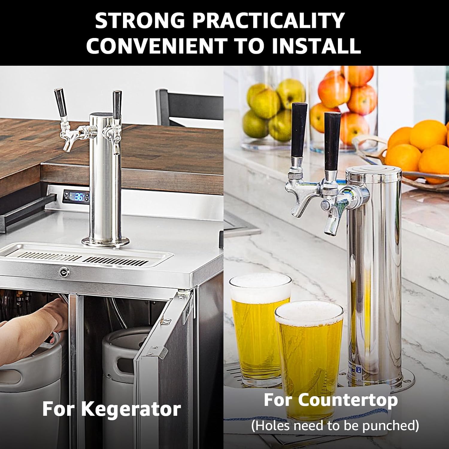 Kegerator Tower Dual Tap Beer Tower Dispenser Kegerator Parts，3 Inches Stainless Steel Beer Tower Includes Pre-Assembled Hose and Self-Closing Faucet