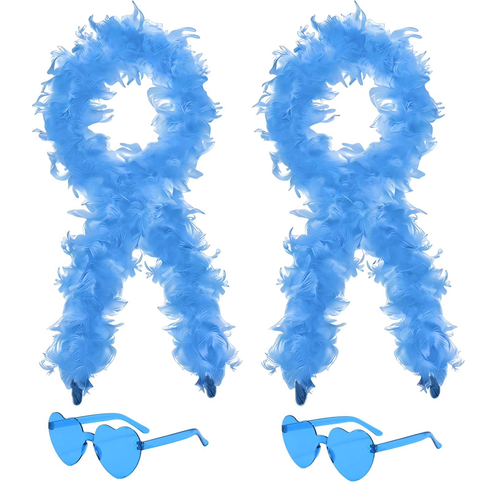 4Pcs Colorful Fancy Dress Feather Boa Set, 4ft Feather Boa with Heart Rimless Sunglasses for Women, Artificial Fluffy Boa Decorations wit for Dancing Wedding Party Cosplay Halloween (Blue)