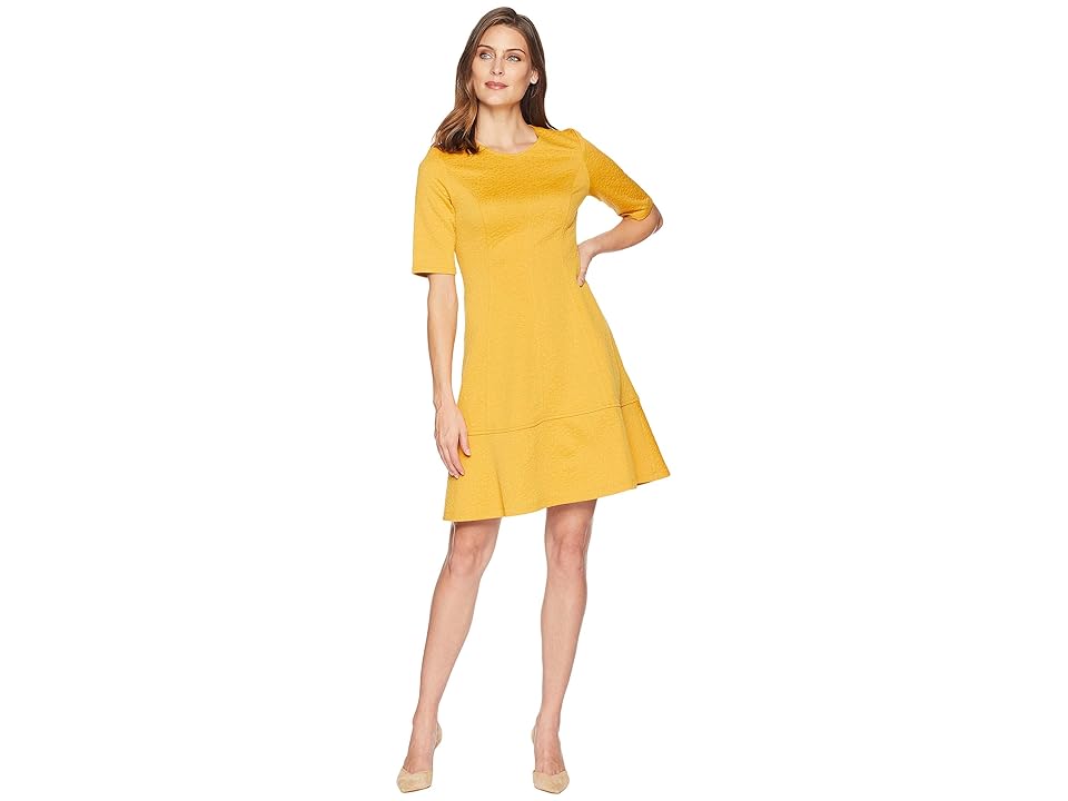 

London Times Jacquard Elbow Sleeve Fit Flare Dress (Gold) Women's Dress