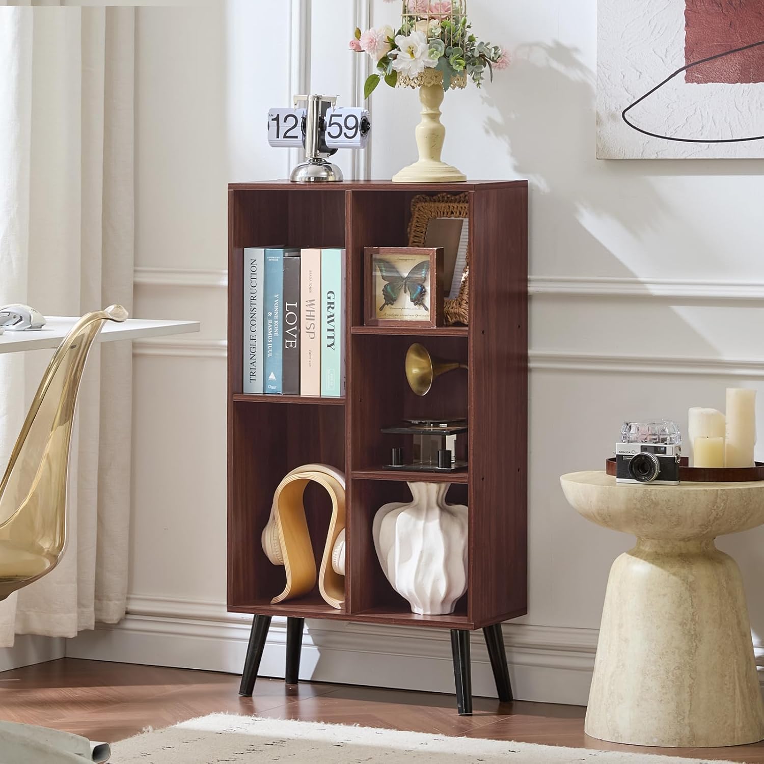 LEYAOYAO 5 Cube Bookshelf 3-Tier Bookcase with Legs,Mint Walnut Kids Book Shelf Cute Storage Organizer,Free Standing Open Toy Shelves Wood Bookshelves,Display Bookcases for Bedroom,Living Room,Nursery