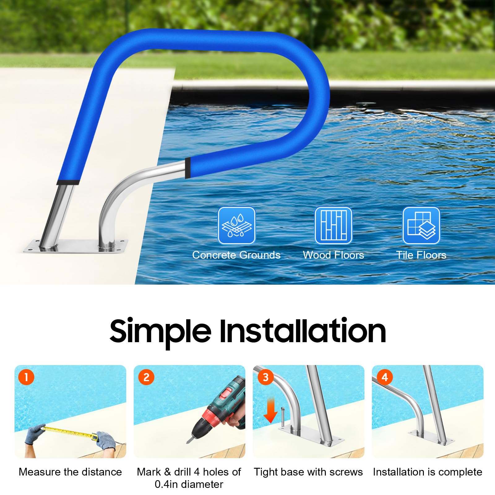 Schwimmbad-Handlauf 304 Edelstahl Haltegriff 81x58cm Pool Haltegriff 120kg Tragbar Einstiegshilfe Pool Ø 4,2 cm Griffbogen Geländer Handläufe für Schwimmbäder Schräglagen Spa Wasserpark