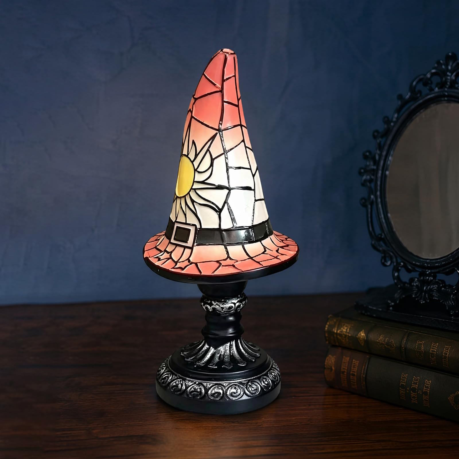 CRGANGZY Stained Glass Witch Hat Lamp, USB Powered Gothic Wizard Hat Table Lamp for Halloween Lovers Bedroom Party and Home Decor, Wizard Hats Night Light Halloween Home Decor