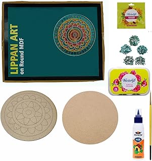 Decordial lippan Art Materials DIY किट फ्लावर प्री मार्क्ड 8" 1 राउंड MDF बोर्ड और 1 अधूरा MDF आर्ट बोर्ड, lippan आर्ट मिरर, lippan आर्ट पेंटिंग ब्रश और ऐक्रेलिक कलर छह का सेट