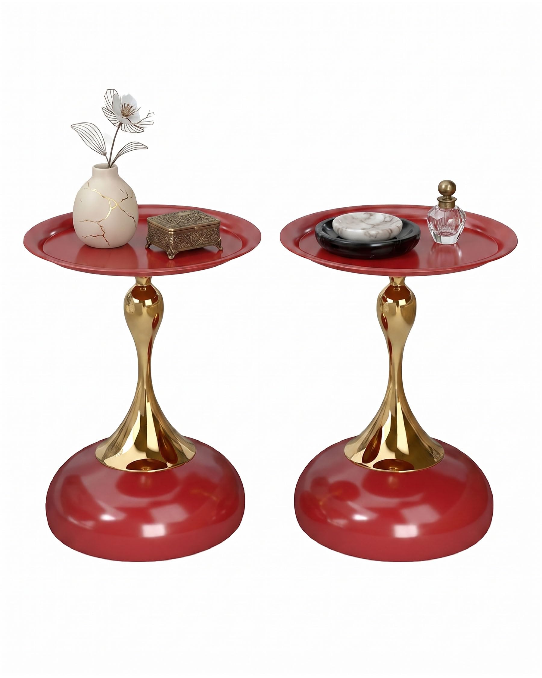 Juego de 2 Mesa Auxiliar de Metal para Interior y Exterior Pequeña Mesa de Centro y Sofá Redonda Moderna de Diseño Mesitas Auxiliares Rojo y Oro, 40x53 cm