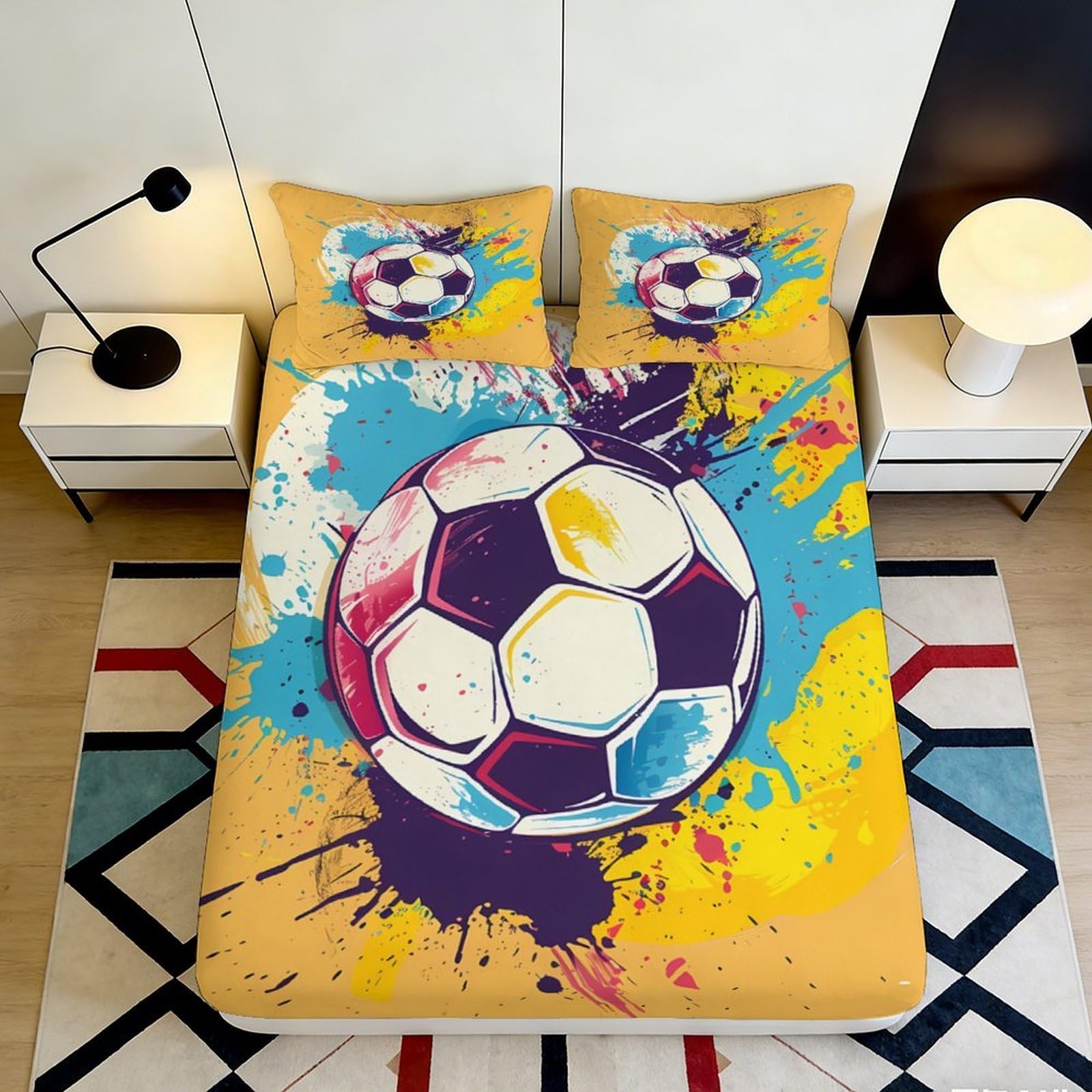3D Printed Colorful Soccer Ball Fitted Sheet Microfiber Vibrant Paint Splash Bed Cover Anti-Slip for Bedroom Dorm Home Decor 120x200x25cm