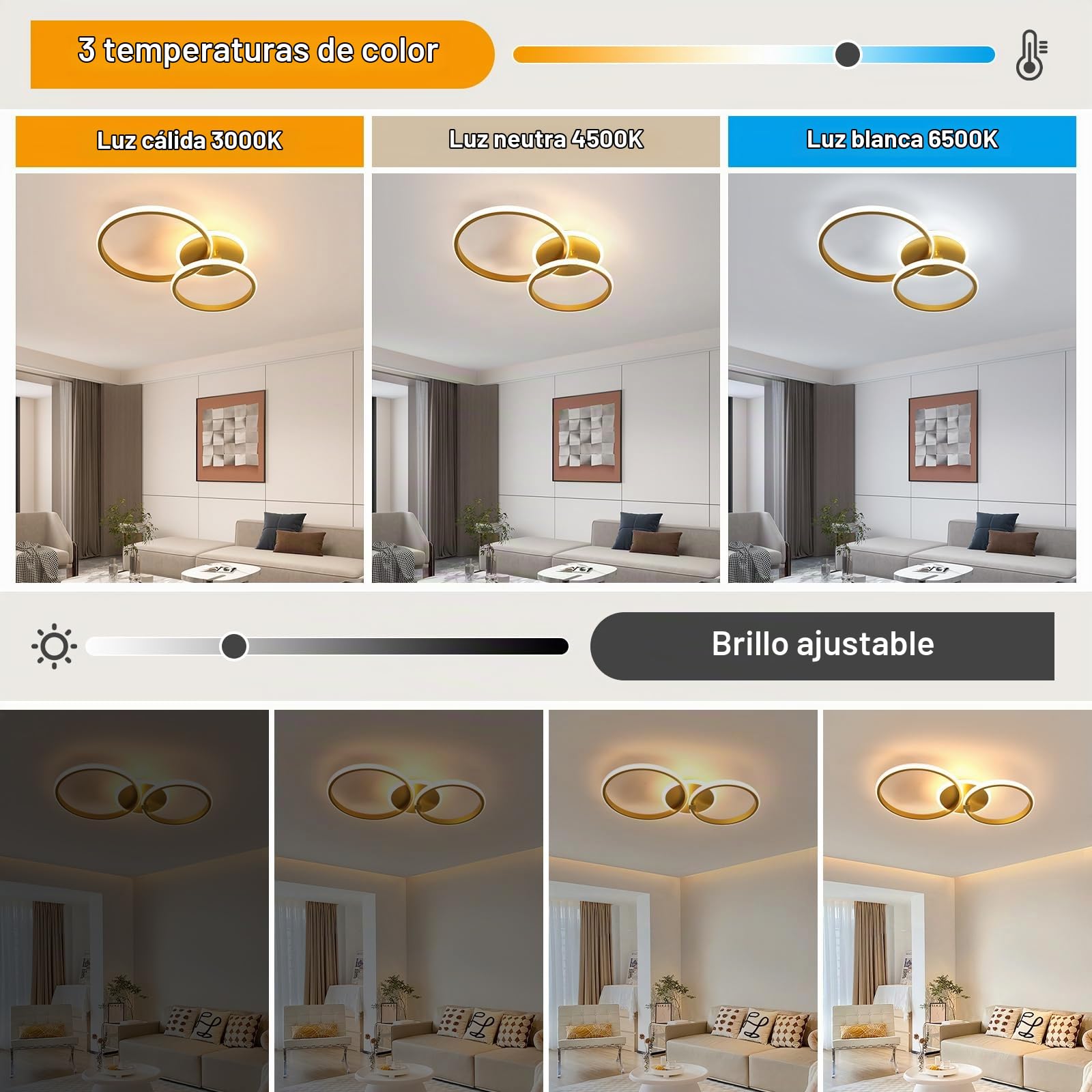 Comely Plafon LED Techo Redondo 42W 4700LM Lámpara de Techo Regulable Oro | Con Mando a Distancia 3000K-6500K, Ángulo Ajustable, Luz de Techo para Dormitorio Salon Cocina Comedor