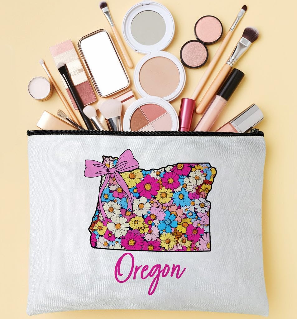 Floral Coquette State Oregon Makeup Bag - Retro Floral State Travel Zippered Makeup Bag Gift For Women - Friends - Oregon Lovers On Birthday - Mothers Day - Holiday - Image 2