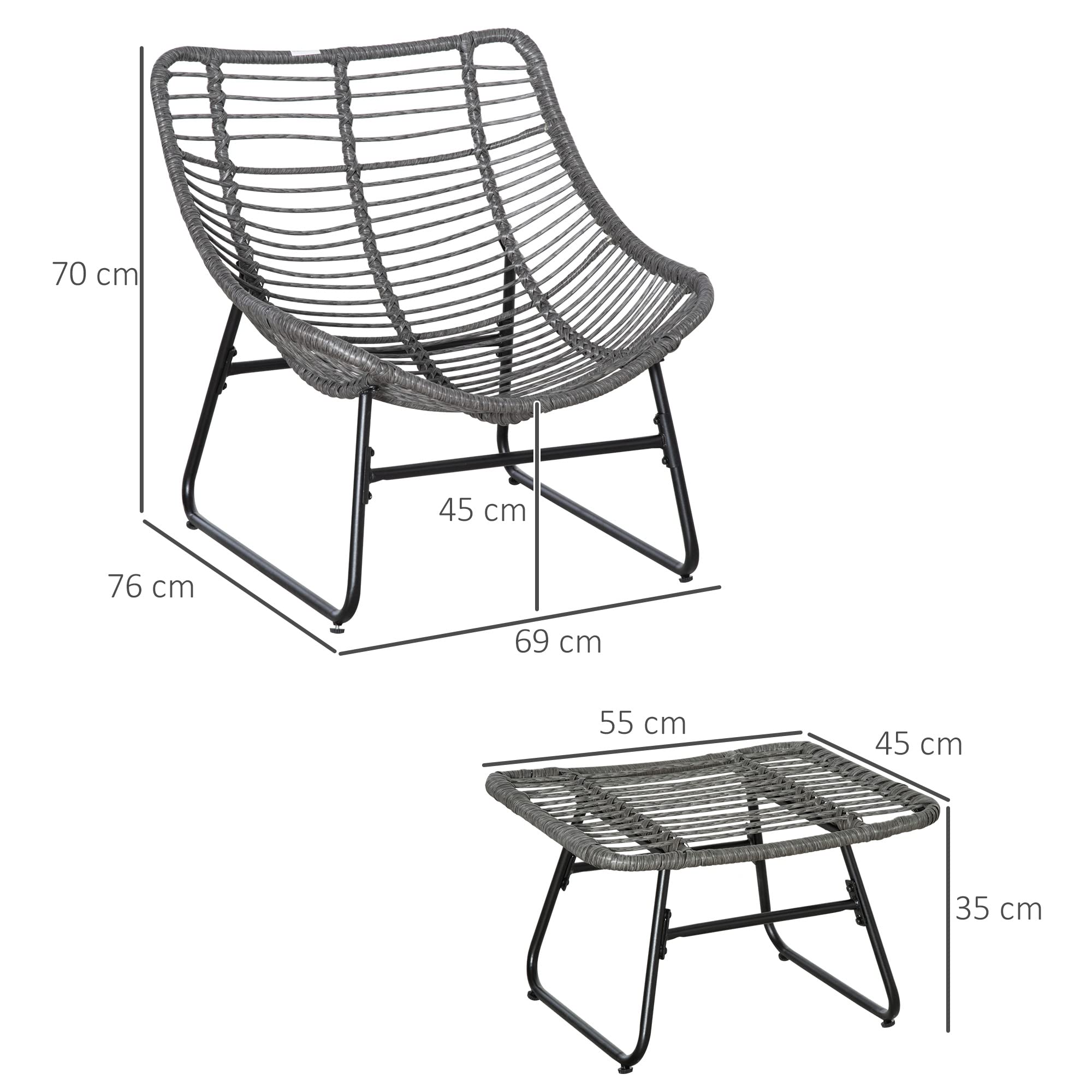 Outsunny Rattan Relaxsessel mit Fußhocker, Gartensessel mit Dicke Kissen Outdoor Rattanstuhl Gartenstuhl für Garten, Balkon, Terrasse Grau
