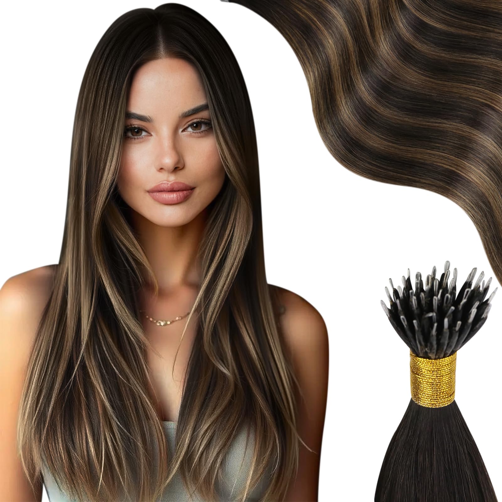 Moresoo Nano Bead Hair Extensions Human Hair Balayage Brown 24 Inch Long Straight Dark Brown Ombre Medium Brown Hair Extensions Human Hair Nano Bead 50G/50S