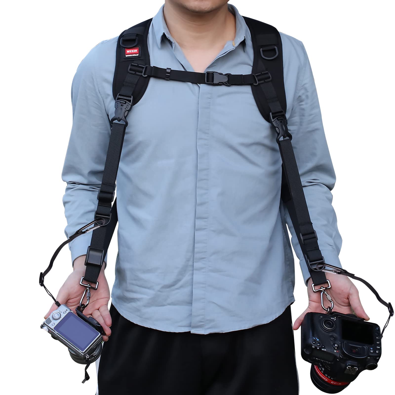 MUXIN Harnais de sangle de caméra double réglable à dégagement rapide avec attache de sécurité pour reflex numérique SLR