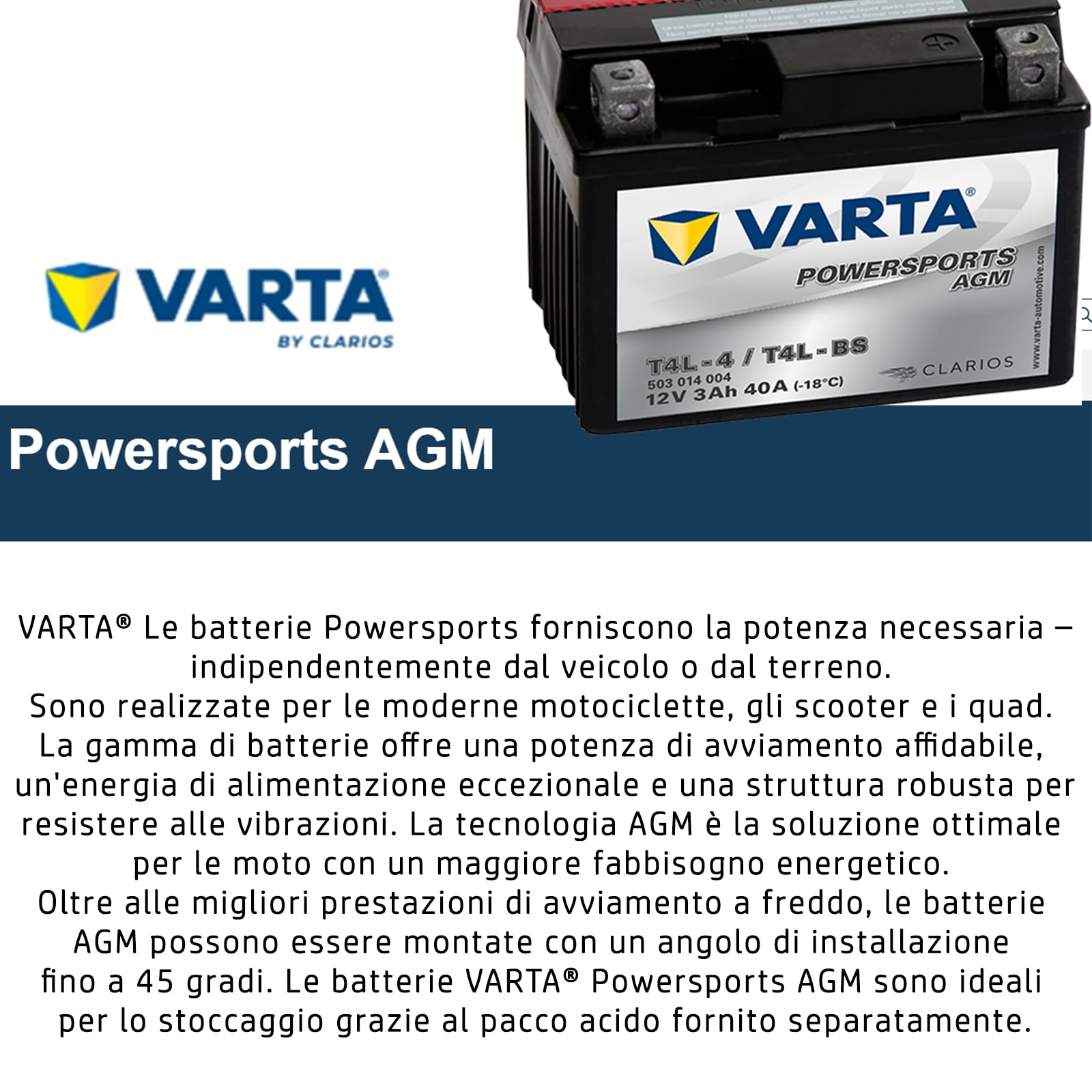 Batteria Moto Varta POWERSPORTS AGM 510 012 015-10Ah - Spunto 150A - TX12-BS (TX12-4) - YTX12-BS (YTX12-4) - FTX12-BS (FTX12-4) - 152mm x 88mm x 131 mm