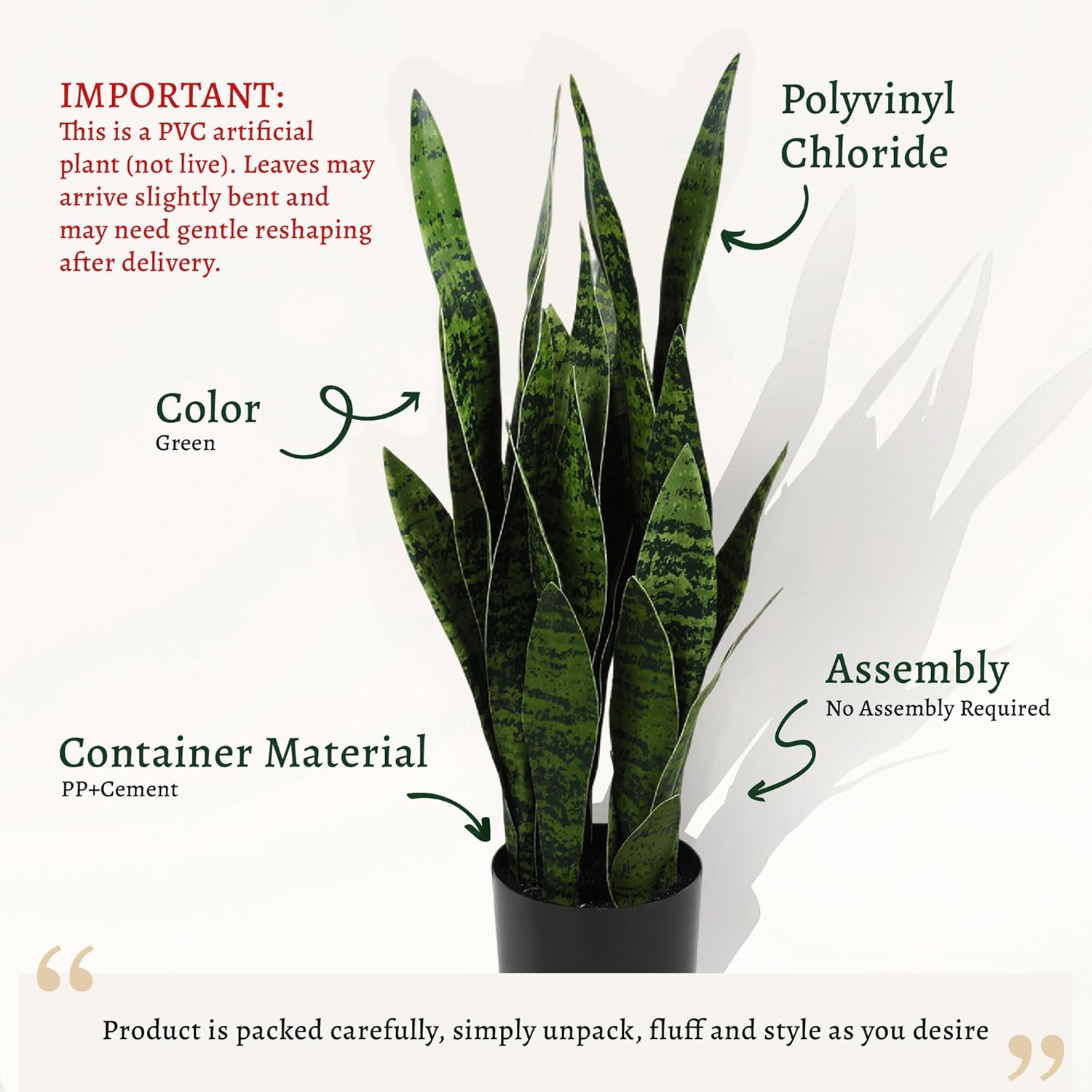 KOL 25.6’’ 2-Pack Artificial Snake Plant, Faux Sansevieria Indoor Plants, 32 Lifelike Leaves, Home Office Garden Room Decor Mother in Law Tongue, 2ft Fake Potted Houseplant, Green