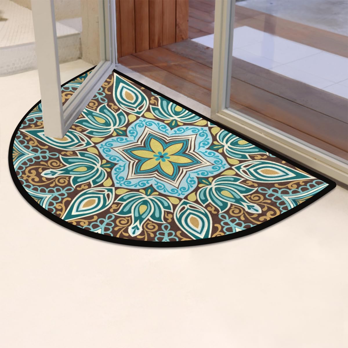 Floral Mandala Half Round Doormat Ethnic Turquoise Washable Semi Circle Area Rug Non Slip Absorbent Half Moon Rug for Indoor Outdoor Bathroom Kitchen Patio Front Welcome Fireplace Hearth Floor Mat