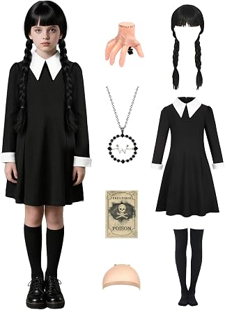 Kids Black Dress Costume for 3-14 Years Girls with Wig Necklace Hairpin for Halloween Costume Dress Up