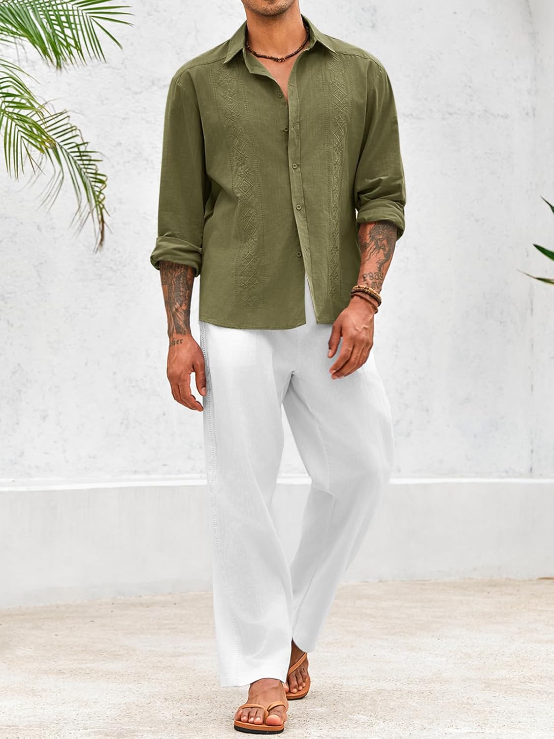 Makkrom Men's Casual Cotton Linen Button Down Shirts Cuban Guayabera Shirt Long Sleeve Summer Beach Tops - Image 4