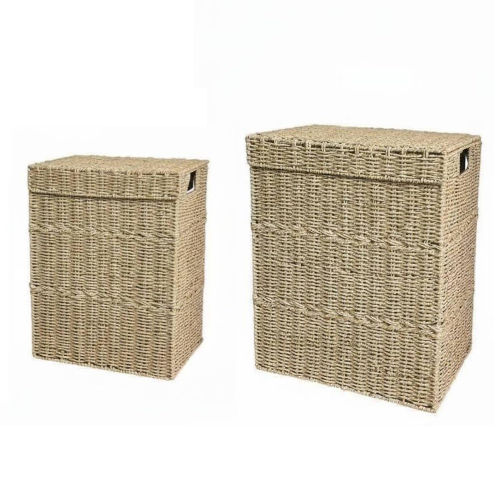 Cesto Portabiancheria Cesto Biancheria Cesto Contenitore Lavanderia con Coperchio E Maniglie Laterali in Corda di Carta per Raccolta E Smistamento, Set Di Due Pezzi Piccolo + Grande