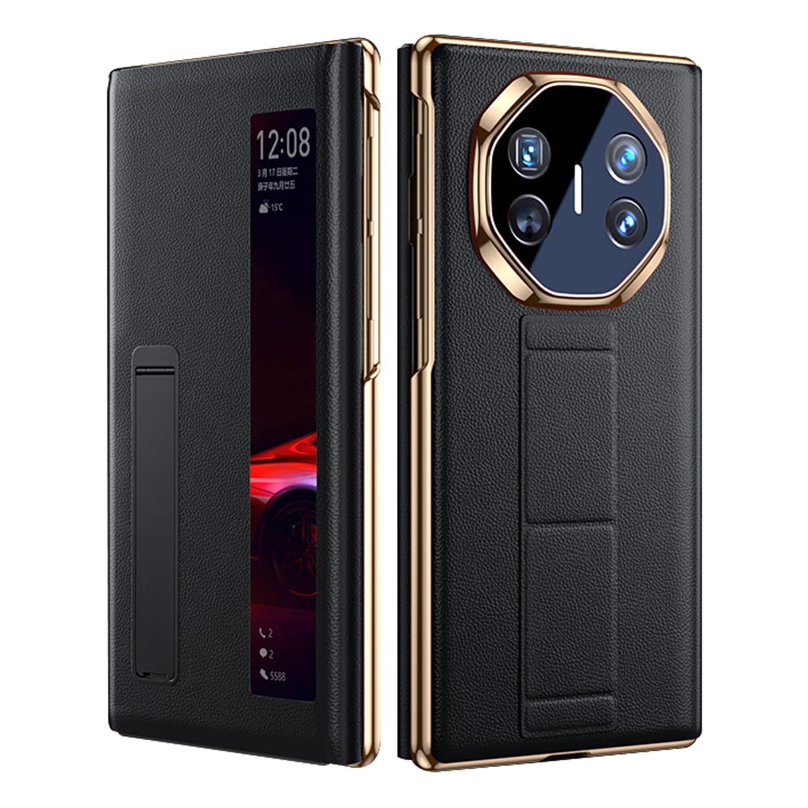 Czarne, Mate XT, etui do Huawei Mate XT, przezroczyste okienko z klapką z prawdziwej skóry z paskiem na nadgarstek podpórka luksusowe etui odporne na wstrząsy