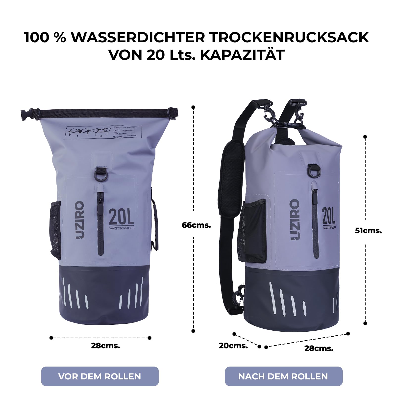 UZIRO Bolsa Estanca 20L, Mochila Impermeable para Kayak, Piscina, Pesca y Natación, Dry Bag Acuático, Resistente al Agua, Ideal para Actividades al Aire Libre, Color Gris