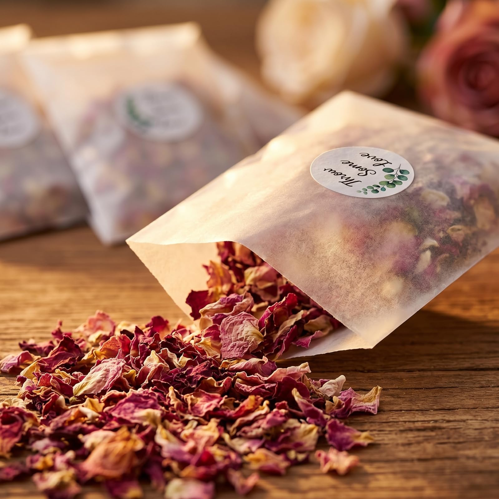 Tenare 100 Sets de Confettis de Mariage pour 95-100 Invités, Comprenant Pétales de Rose Séchés Naturels Sacs de Confettis en Verre et Autocollants Pelle en Bois et Boîte de Présentation (Élégant)