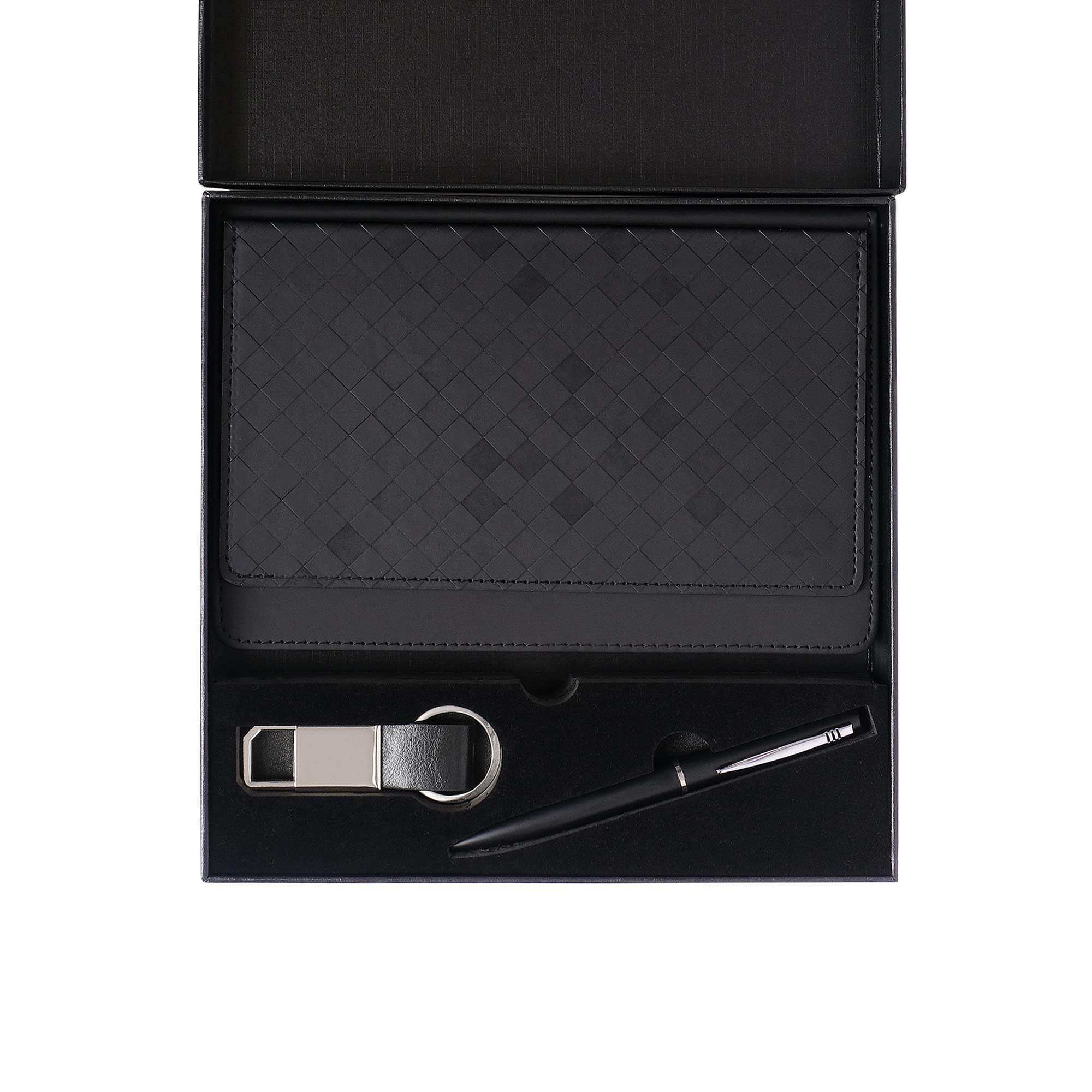 FABULASTIC 3 in 1 Corporate Gift Set with Multi-Functional Diary with Card Holder, Metal Pen, and Metal Keychain (Black)