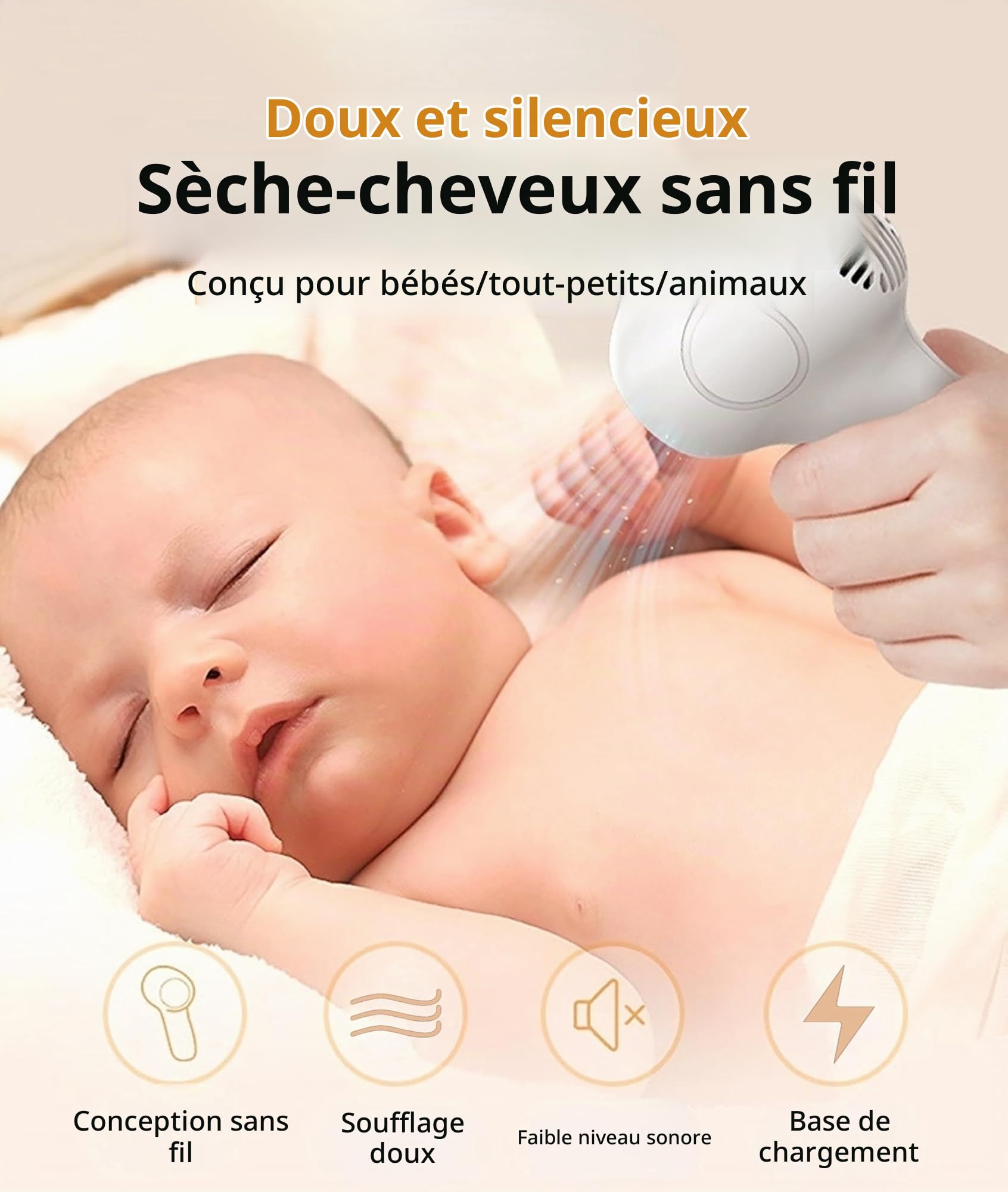 Sèche-cheveux pour bébé, Chaleur Douce à Faible Bruit pour bébé en Bas âge, Sèche-cheveux sans Fil Rechargeable à Température Constante à 2 Vitesses, Petit Sèche-cheveux (Blanc