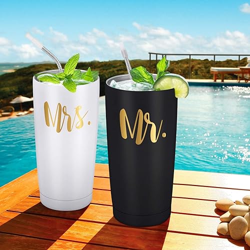 Miniatura 8 de Mr and Mrs - Juego de 2 vasos de viaje aislados de acero inoxidable con tapas, palabras doradas, regalos para recién casados, parejas, esposa,
