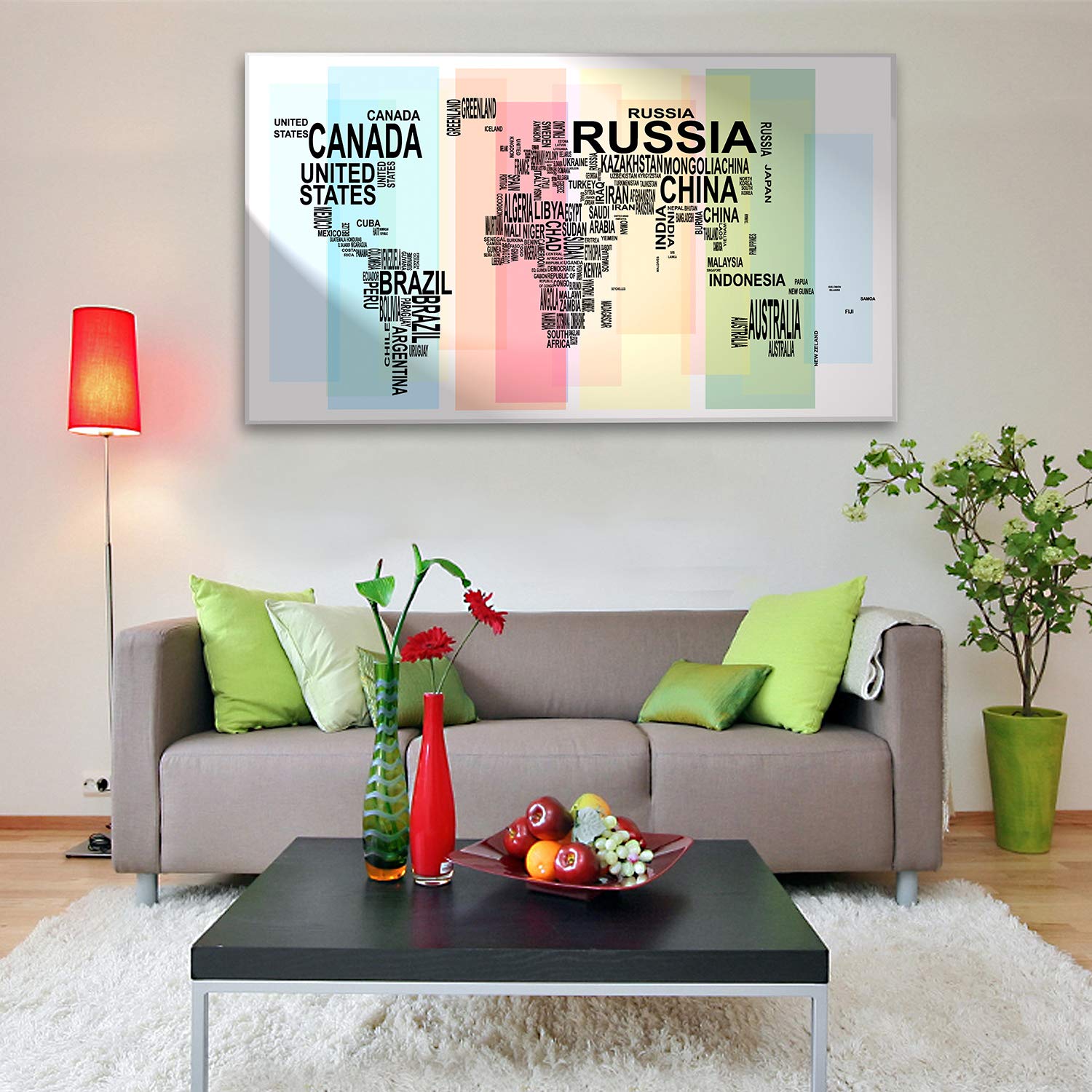 Giallobus - Obraz - Mapa świata słowo z zespołami - Szkło akrylowe - 100x60 - Gotowe do powieszenia - Nowoczesne obrazy do domu