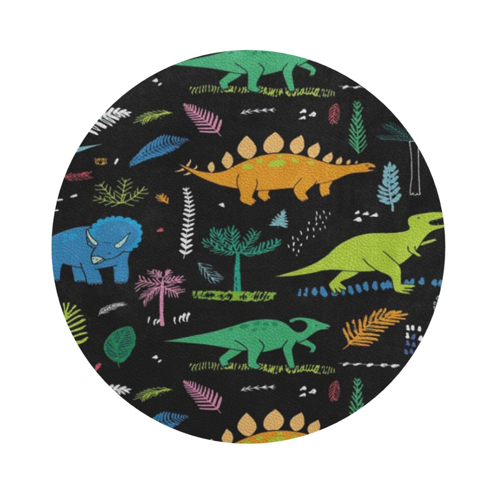 Dinosaur Palm Leaf PU Leather Coasters Set of 6 Round Drink Coasters