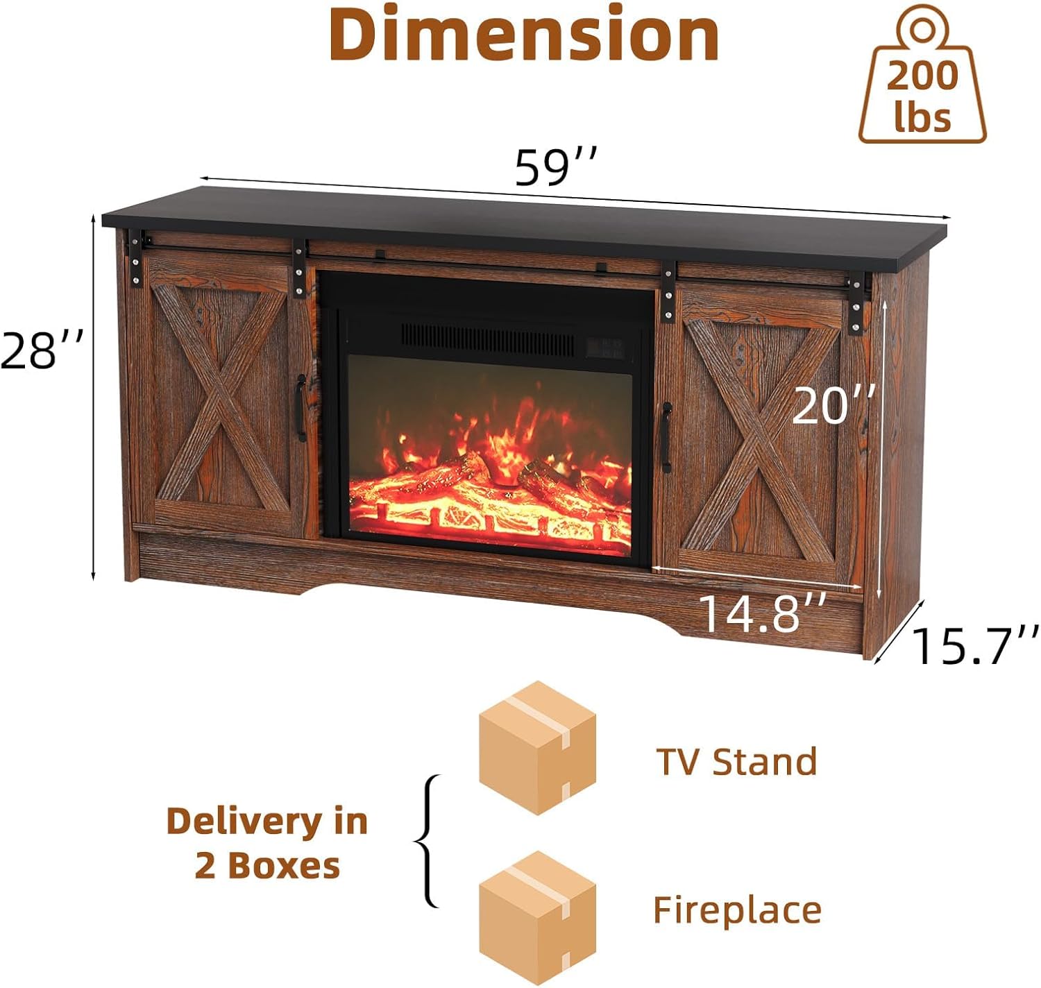 4 EVER WINNER Fireplace TV Stand with Fireplace, Sliding Barn Door, Adjustable Storage Cabinets, Farmhouse Entertainment Center with Fireplace for 65" TV, TV Stands for Living Room, Brown & Black