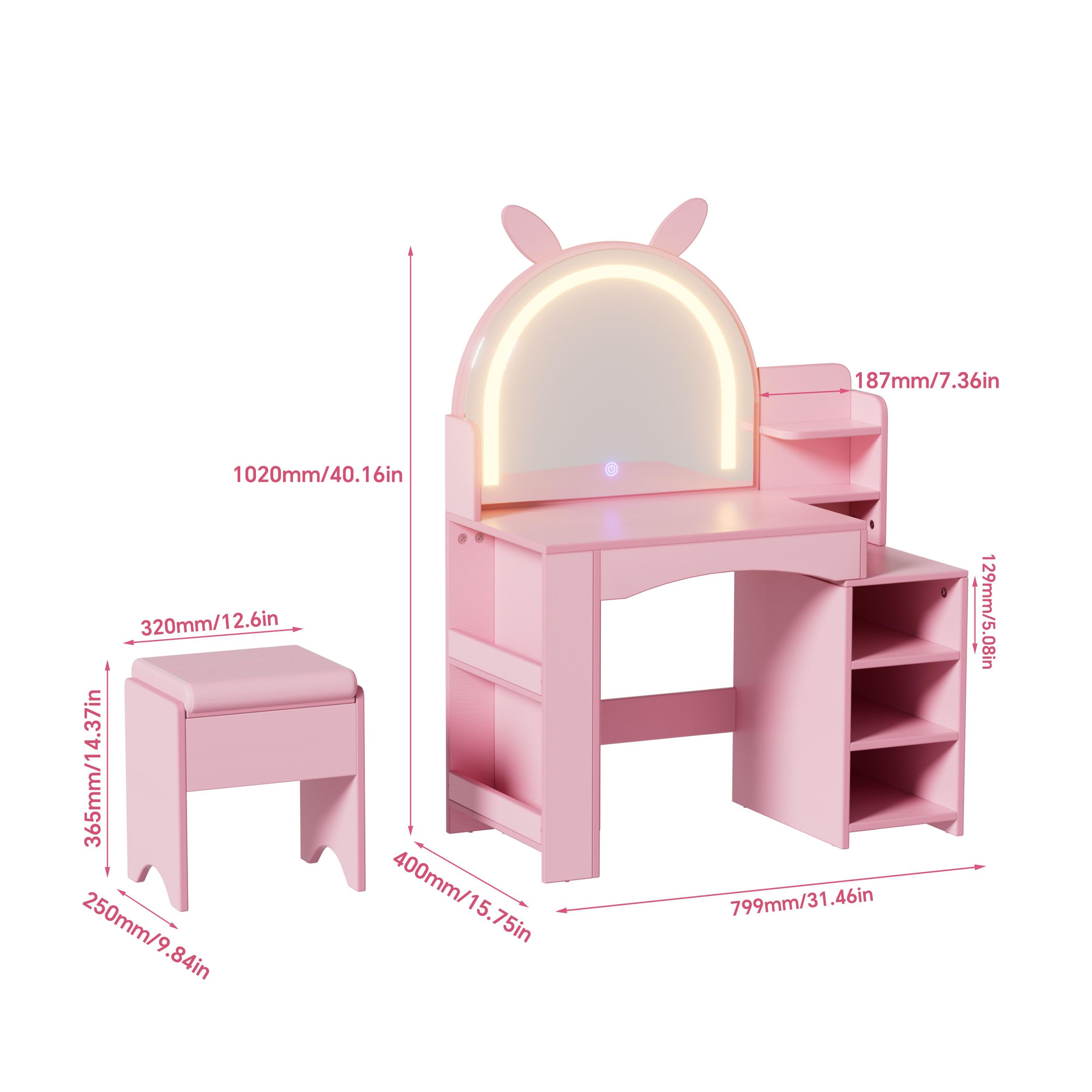 MSFE Mesa de Maquillaje con Espejo y luz LED para Niñas 3 en 1 Tocador Infantil de Madera Tocador de Mesa y Taburete de Princesa con Estante Abierto Centro de Belleza Tocador para niñas 8 años+, Rosa