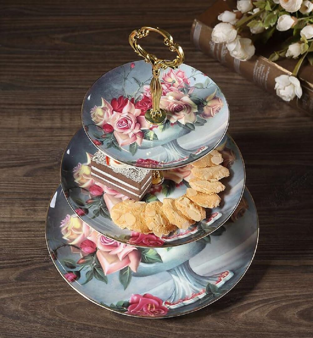 Miska na owoce na blat kuchenny, 3-poziomowe ceramiczne miski do serwowania z metalowym stojakiem, wielopoziomowy kosz do przechowywania owoców, warzyw, przekąsek, orzechów, ciast i deserów