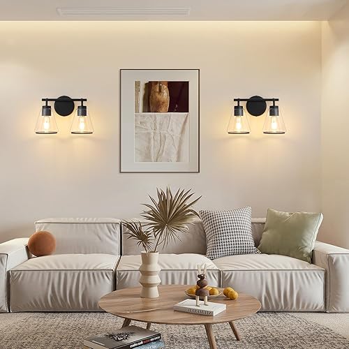 Miniatura 2 de Lámpara negra para tocador de baño, 2 luces, lámparas de baño sobre espejo, accesorios de iluminación con pantalla de vidrio transparente de 14