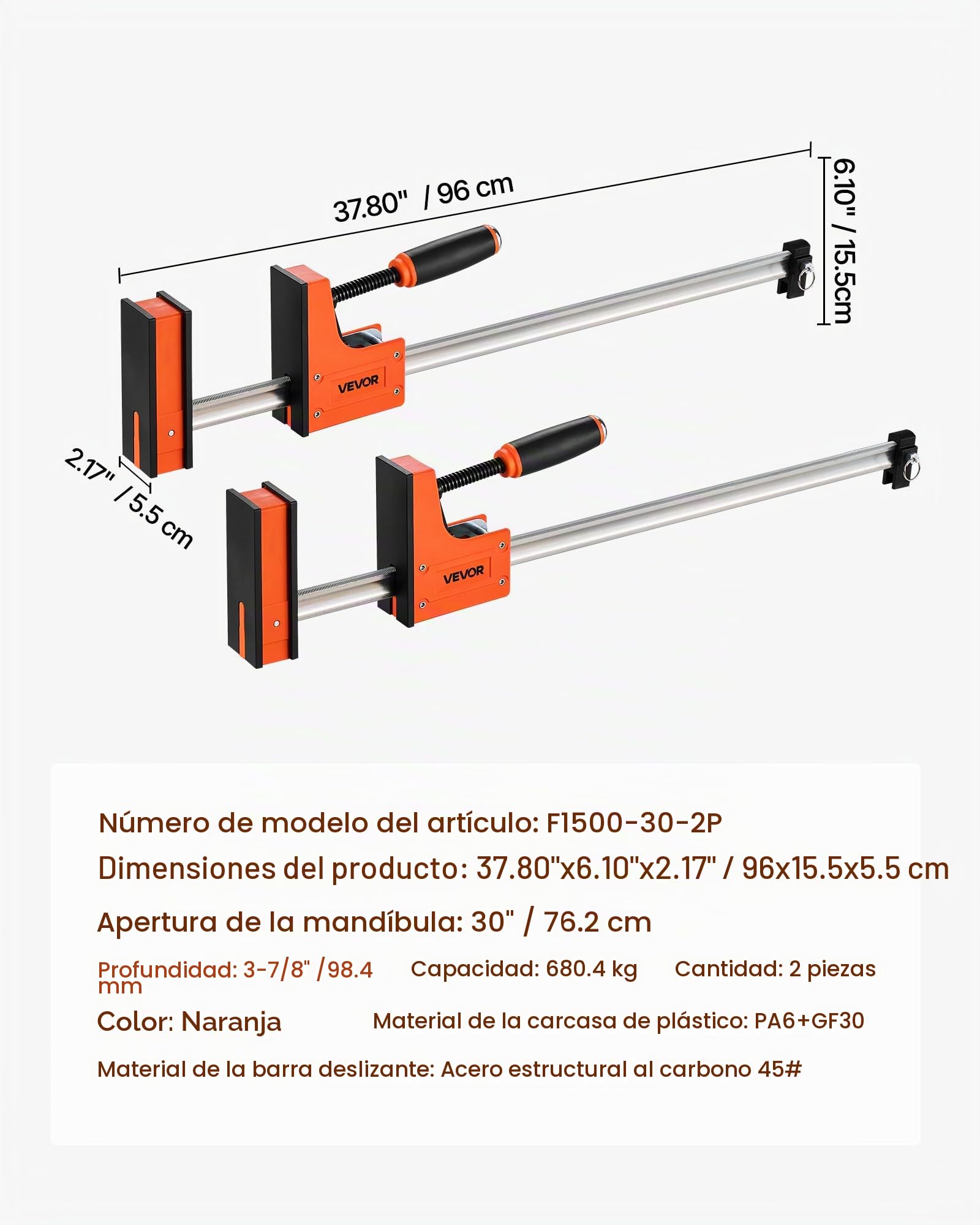 VEVOR Abrazaderas Paralelas de 2 PCS 76,2 cm, Abrazadera Separadora en Forma de F de Plástico y Acero al Carbono con Límite de Carga de 680 kg, Presión Uniforme, para Carpinteros Metalúrgicos