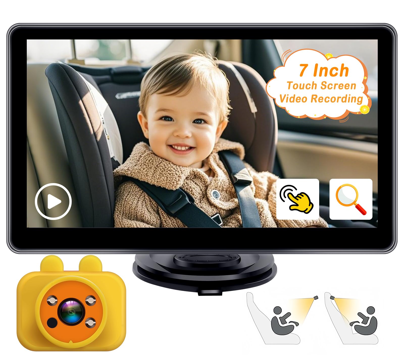 Yakry Cámara de coche para bebé de 7 pulgadas, grabación de zoom 3X, pantalla táctil 1080P HD, fácil de instalar, 150 °, gran angu