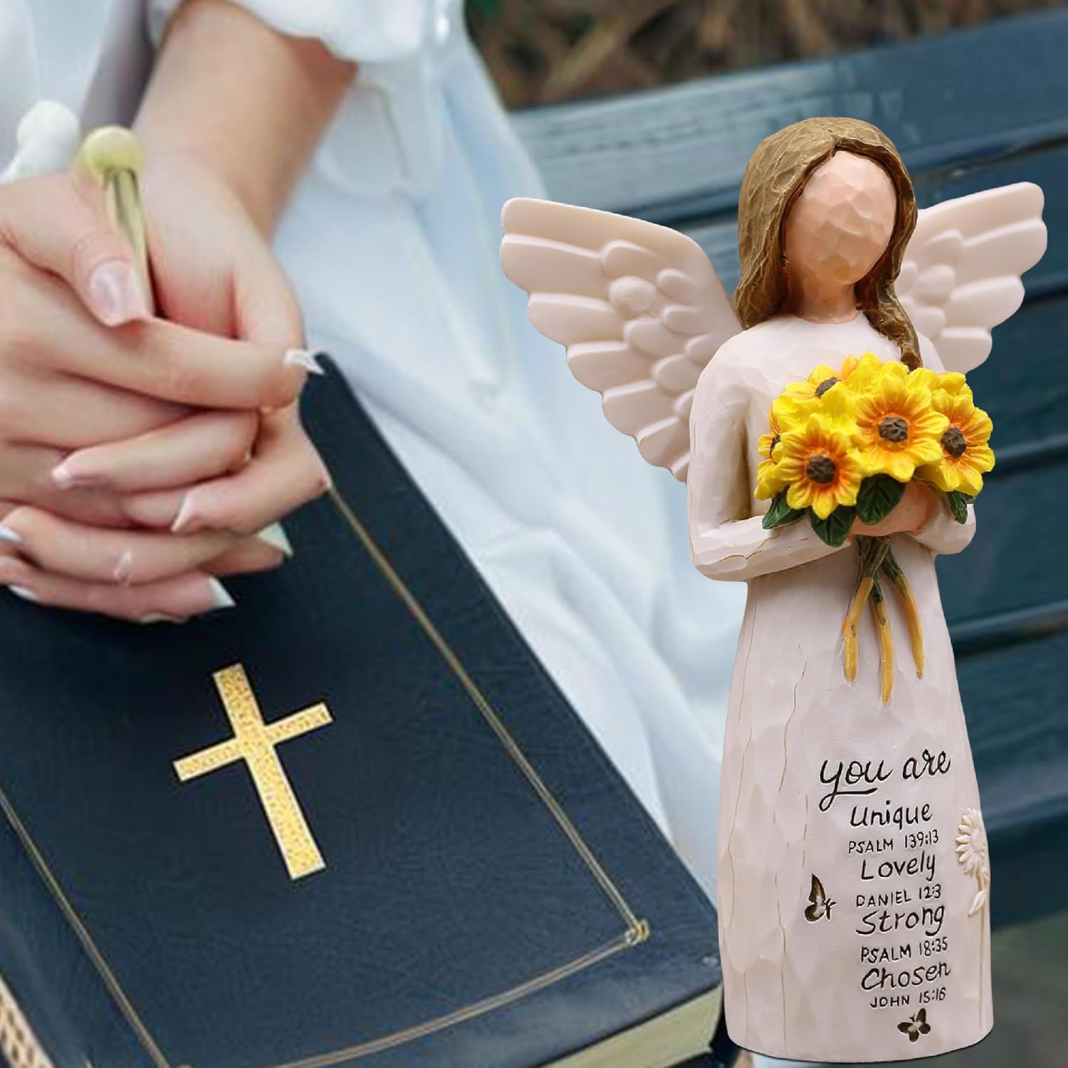Christian Gifts for Women Birthday Unique, Religious Gifts for Women, Friends, Mom, Sister-Spiritual Inspirational Gift, Hand-Painted Sunflower Angel Figurine - Image 3