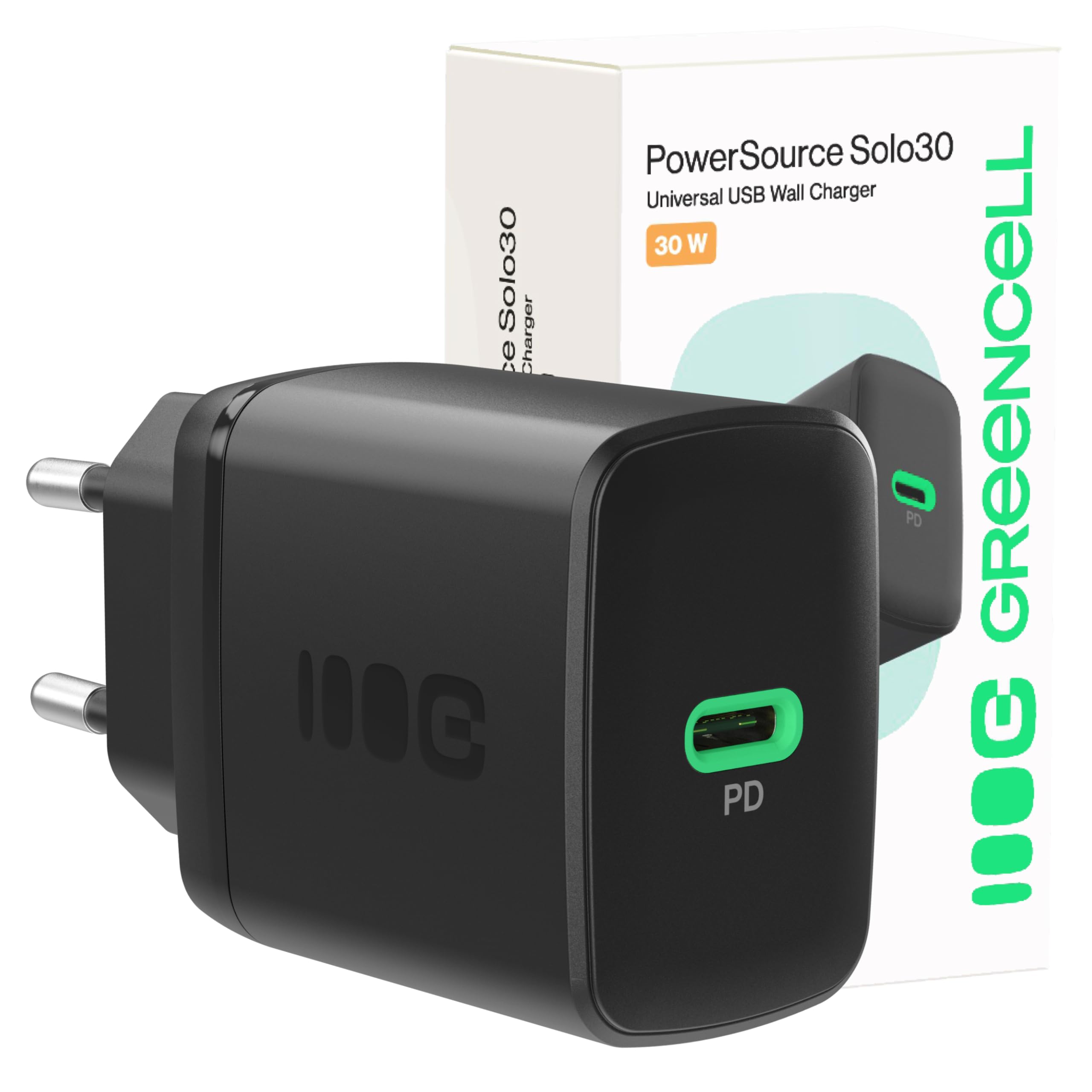Greencell PowerSource Solo30 czarna ładowarka 30 W USB-C Power Delivery kompaktowa ładowarka z USB-C do iPhone 16, iPad Pro kompatybilna z iPhone 16/15/15 Plus/iPhone iPad