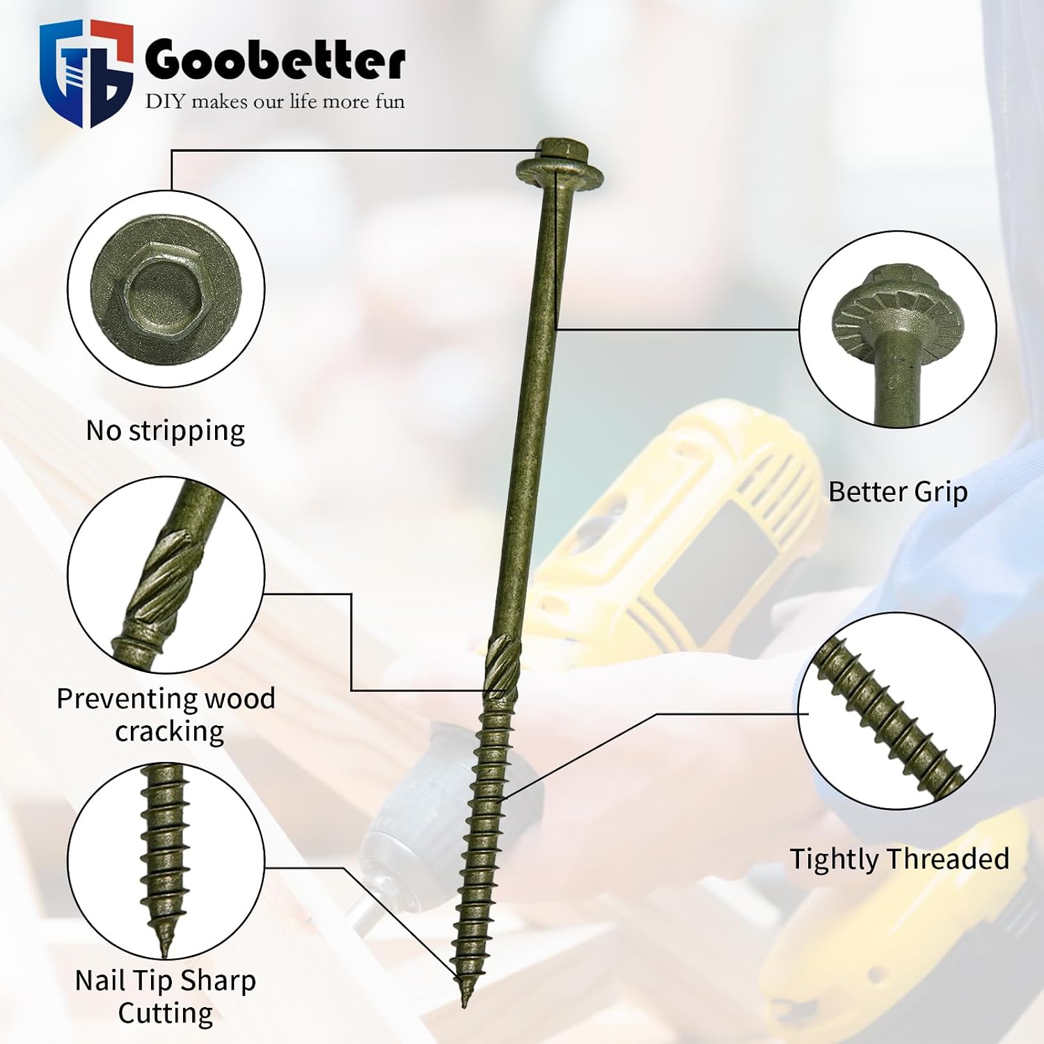 Structural Wood Screws 6 Inch,50-PCS #14 x 6 Heavy Duty Timber Screws, Rust Resistant, Washer Head, Green Coated Exterior Wood/Lag/Timber Screws Hex Socket Included