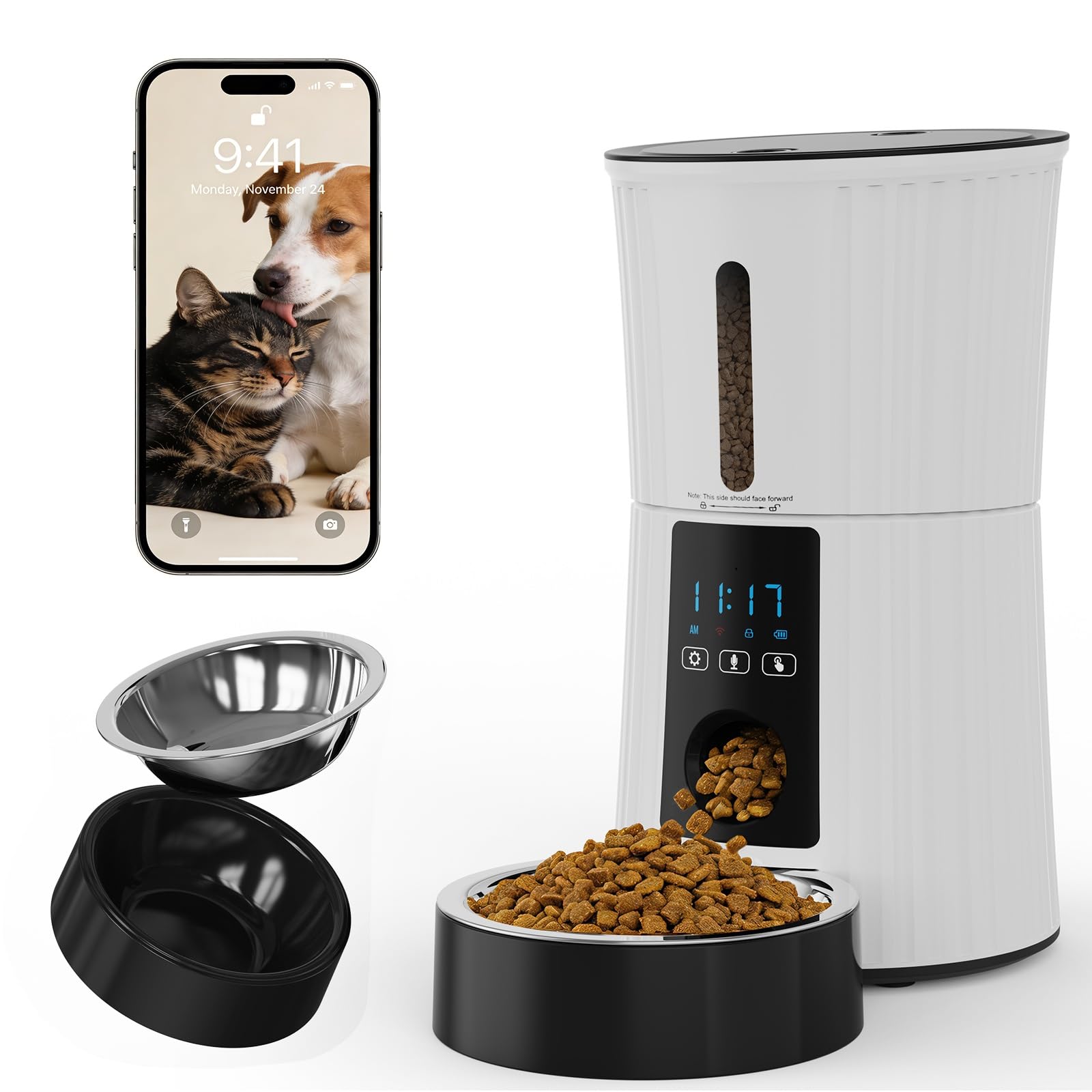 NEWBULIG Automatic Cat Feeder, 4L Timed Pet Feeders with 10s Voice Recorder, Dog Food Dispenser with APP Control, Dry Food, 10 Meals, Programmable 50 Portions, Dual Power Supply, Desiccant Bag