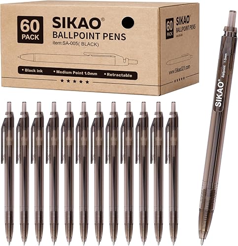 Paquete de 60 bolígrafos negros a granel Bolígrafos negros de 0.039 in de escritura suave con barril translúcido, bolígrafos confiables a granel