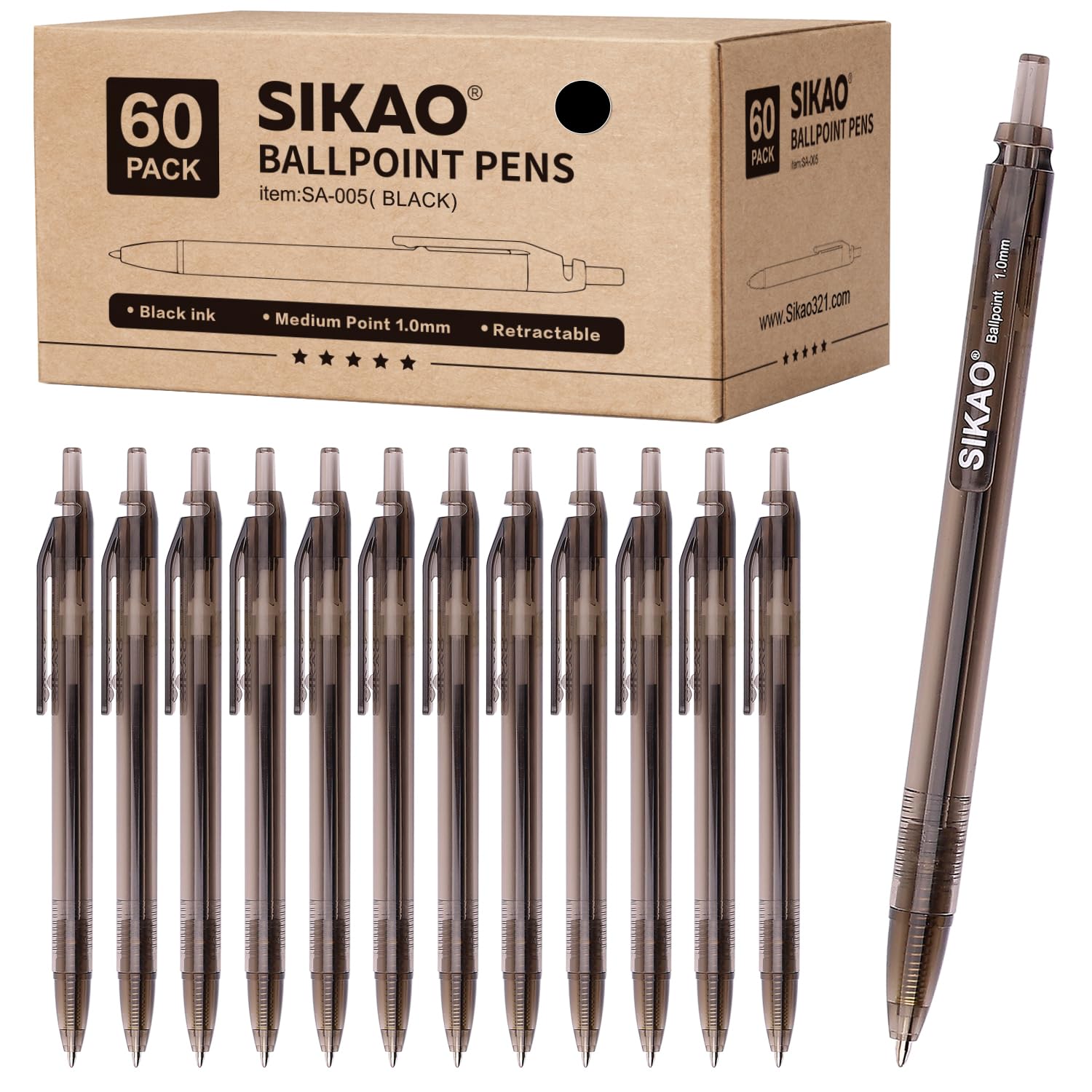 Black Pens Bulk 60 Pack –Smooth Writing 1.0mm Click Black Ballpoint Pens with Translucent Barrel, Reliable Bulk Pens for Office, School, Home & Restaurant Server Use
