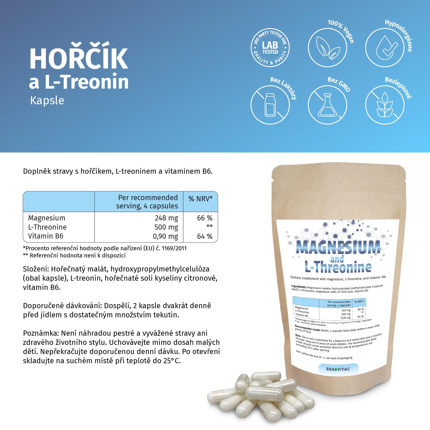 Magnesio y L-Treonina 360 cápsulas Suministro para 1 mes - contribuye a la producción de energía a nivel celular y favorece la función muscular y nerviosa Vegan